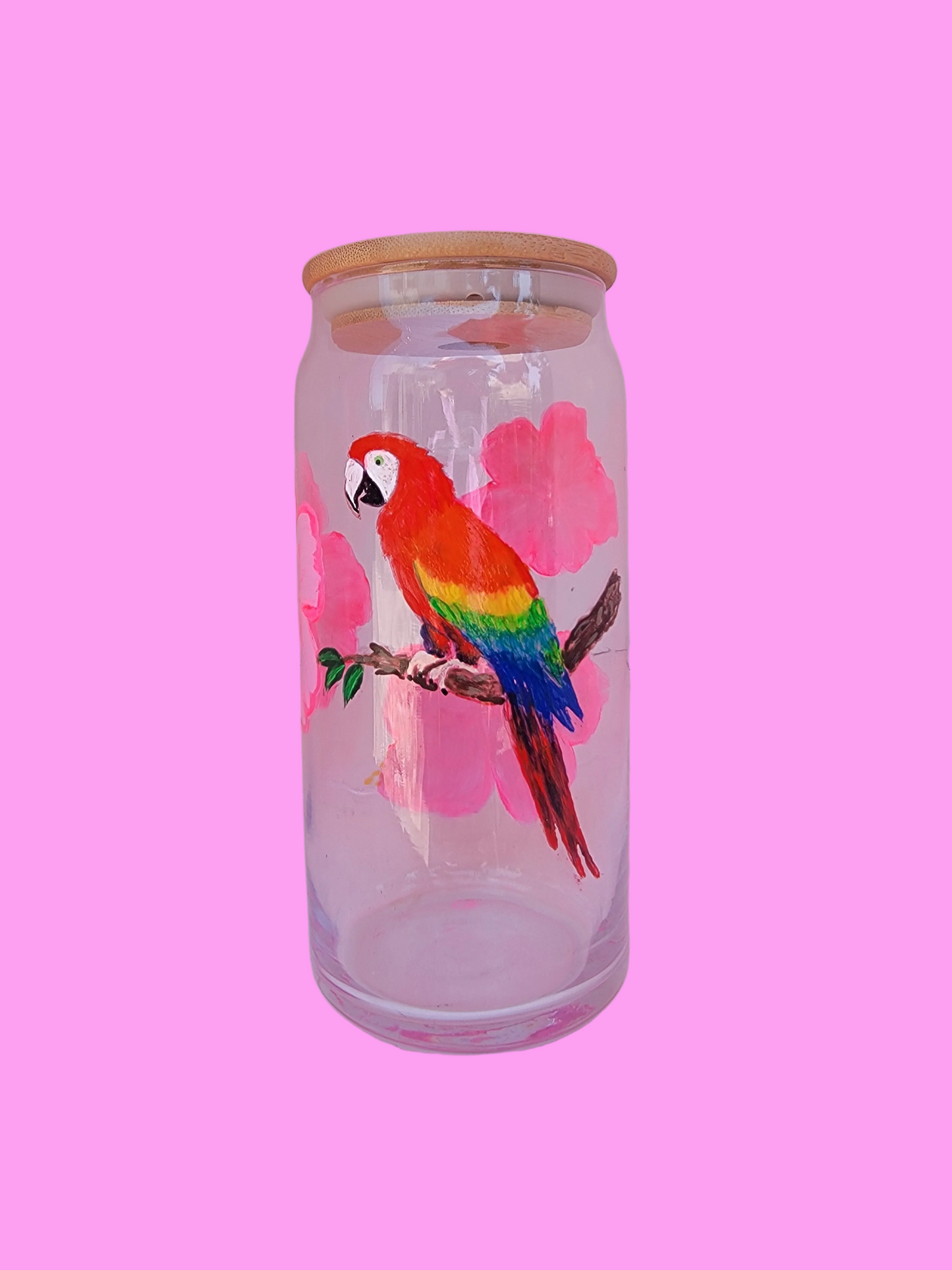 Cute hand painted macaw 20 oz glass cup