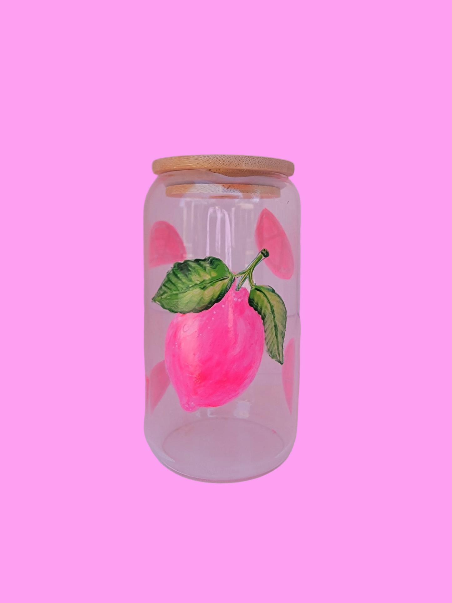 Refreshing hand painted pink lemon & wedges 16 oz glass cup