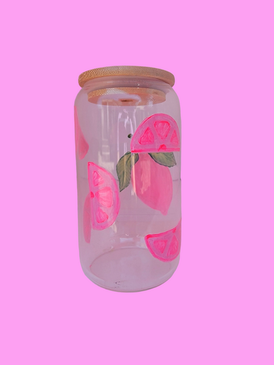 Refreshing hand painted pink lemon & wedges 16 oz glass cup