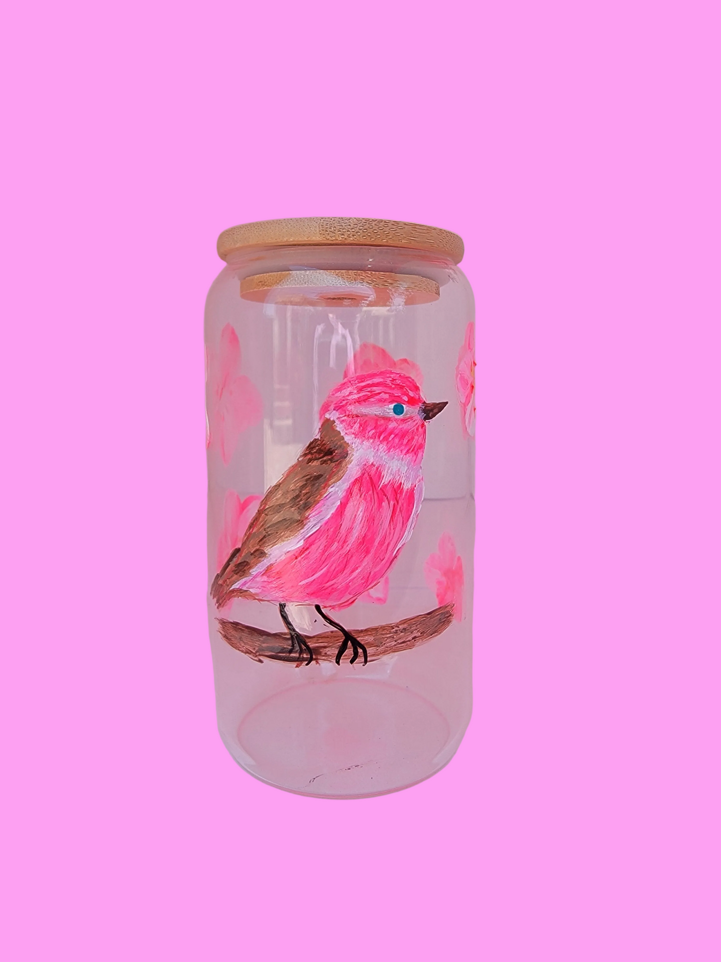 Cute hand painted Japanese bird 16 oz glass cup