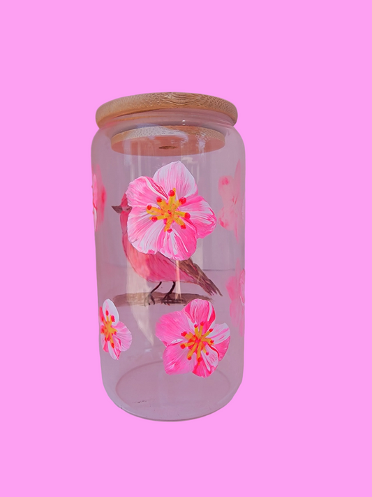 Cute hand painted Japanese bird 16 oz glass cup