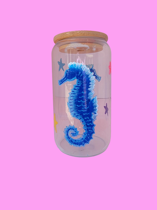 Cute hand painted sea horses 16 oz glass cup