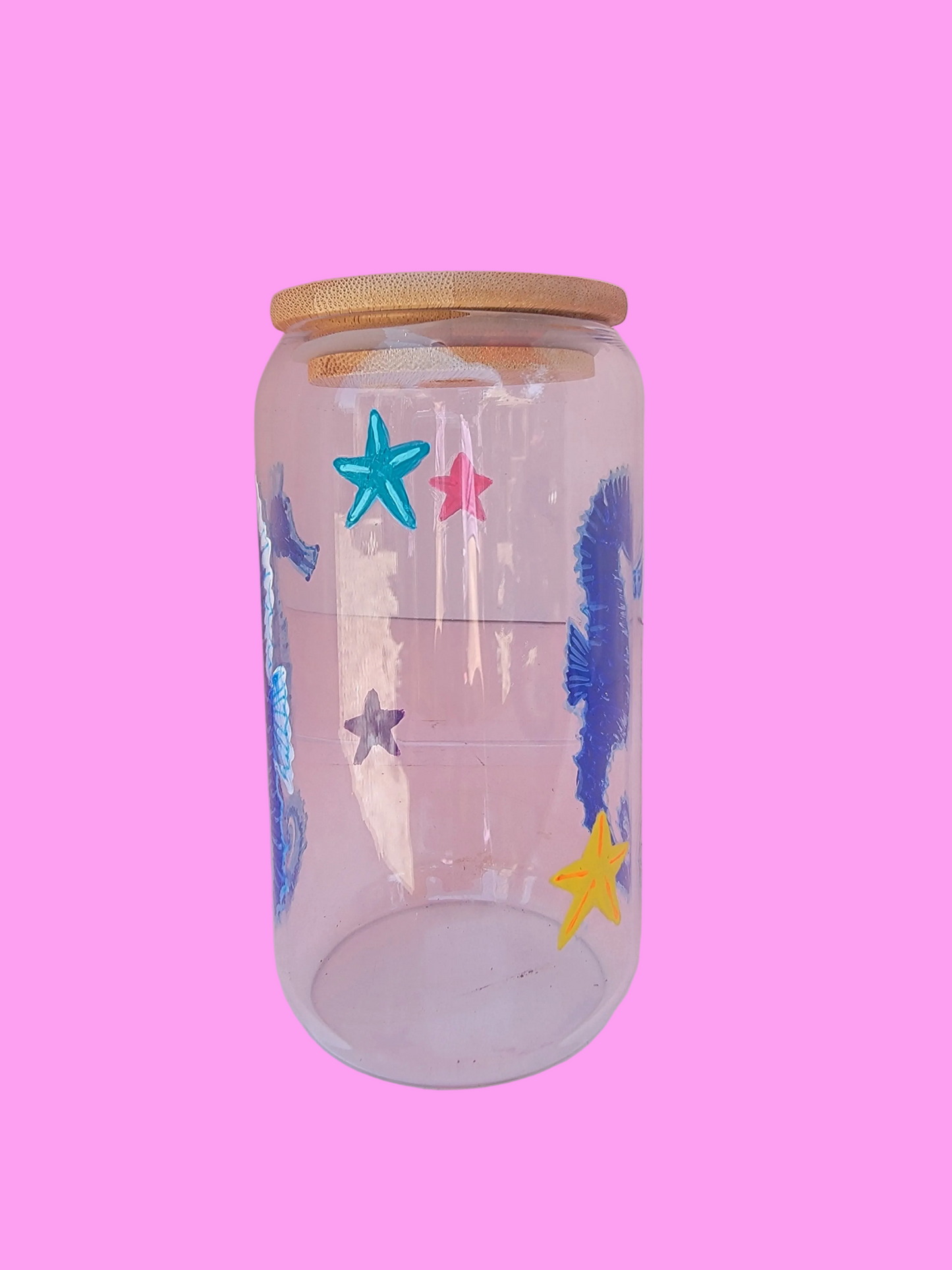 Cute hand painted sea horses 16 oz glass cup