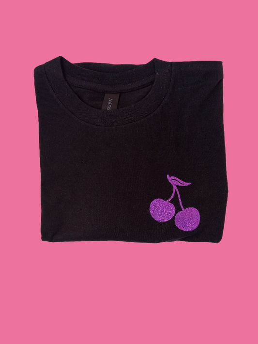 Black shirt with glitter purple cherries