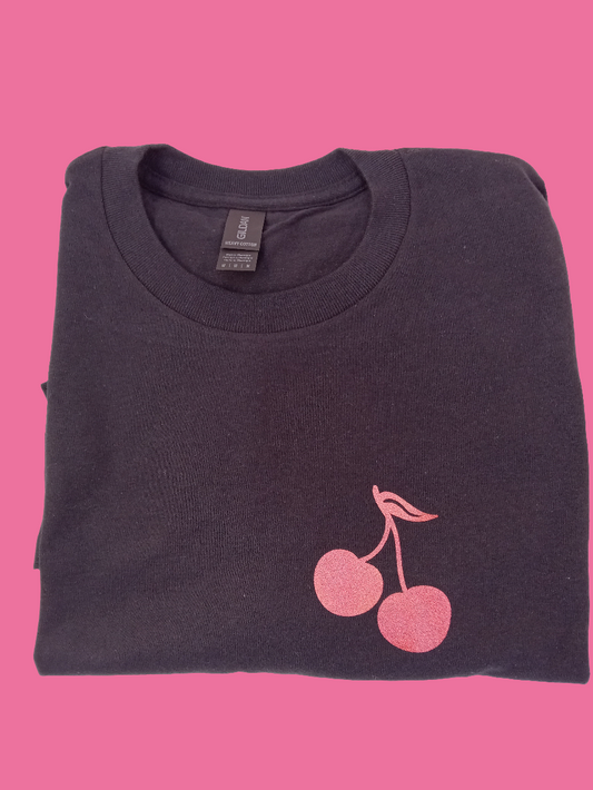 Black shirt with glitter red cherries