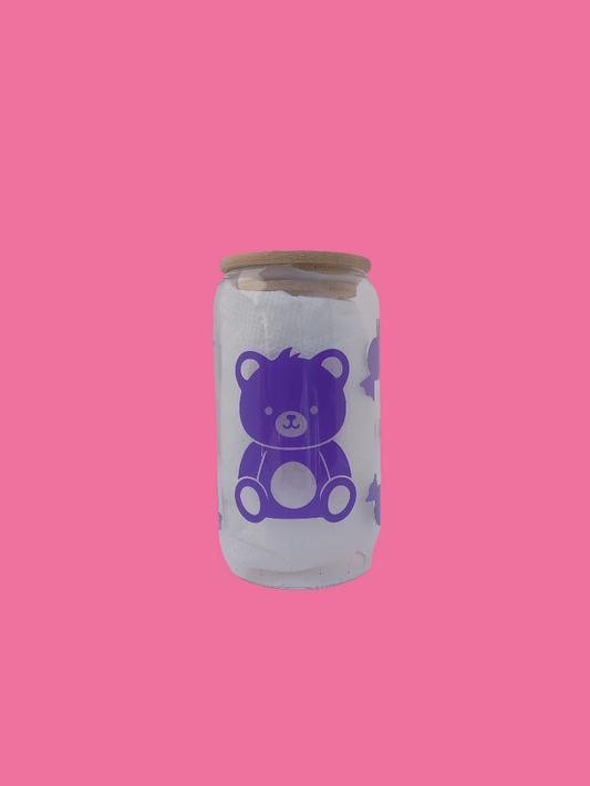 Glass tumbler, purple bear with purple butterflies