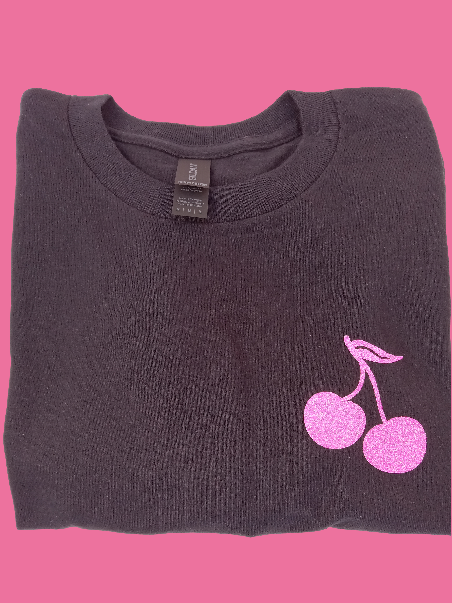 Black shirt with glitter pink cherries