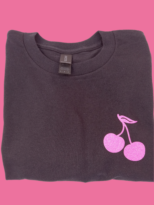 Black shirt with glitter pink cherries