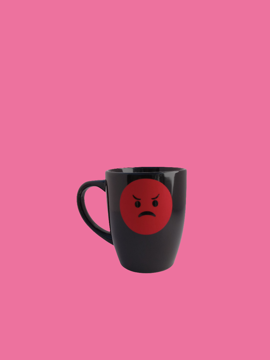 12 oz black with red emoji mad face mood mug