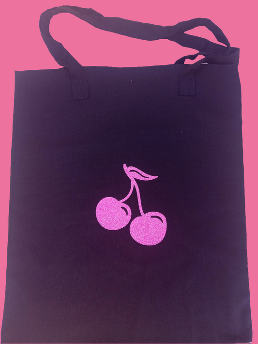 Black tote bag with glitter pink cherries