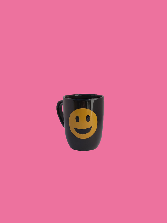 12 oz black with yellow happy face mood mug