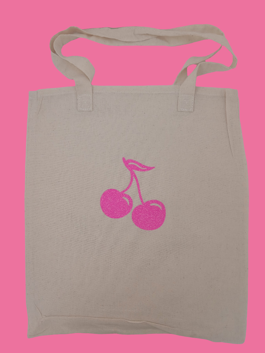Beige tote bag with glitter pink cherries