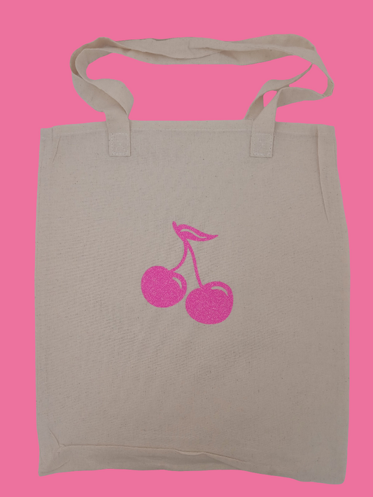 Beige tote bag with glitter pink cherries