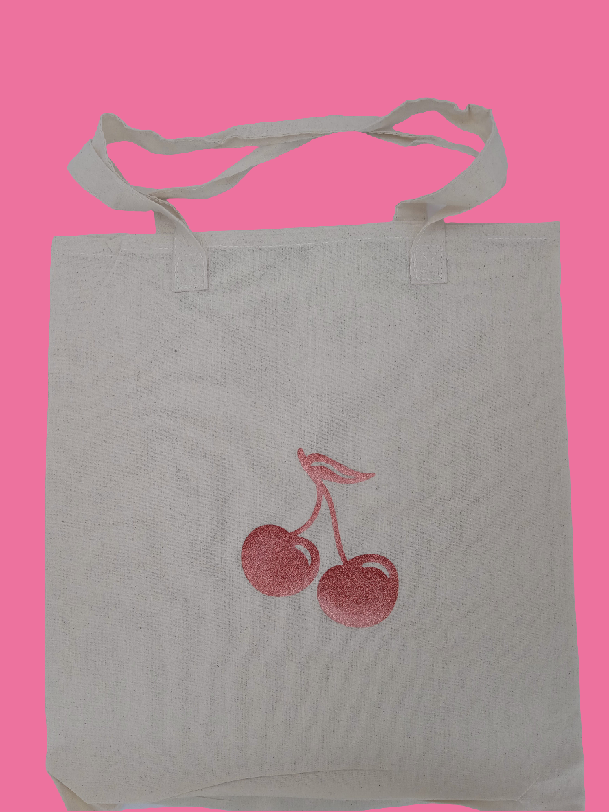 Beige tote bag with glitter red cherries