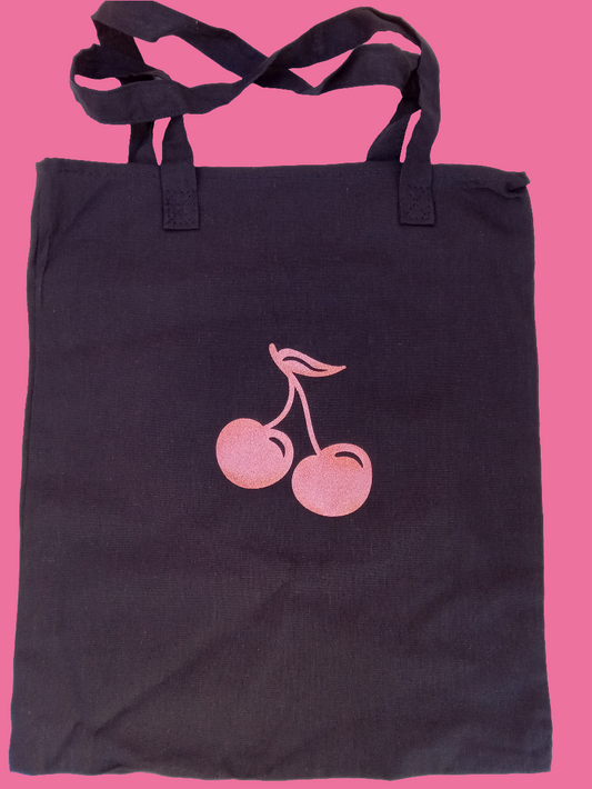 Black tote bag with glitter red cherries