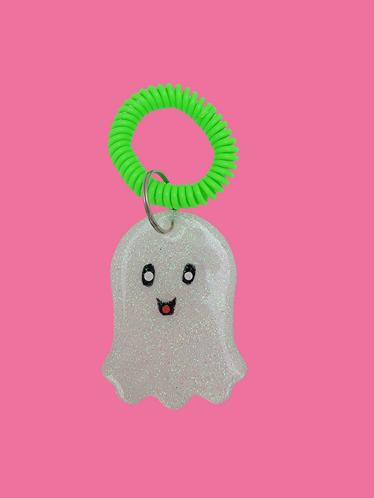 Spooky fun white with flakes of green glitter ghost key chain